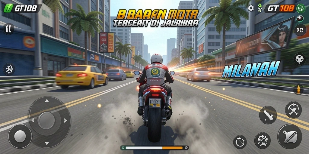 Screenshot GT108 menampilkan aksi balapan motor yang mendebarkan.