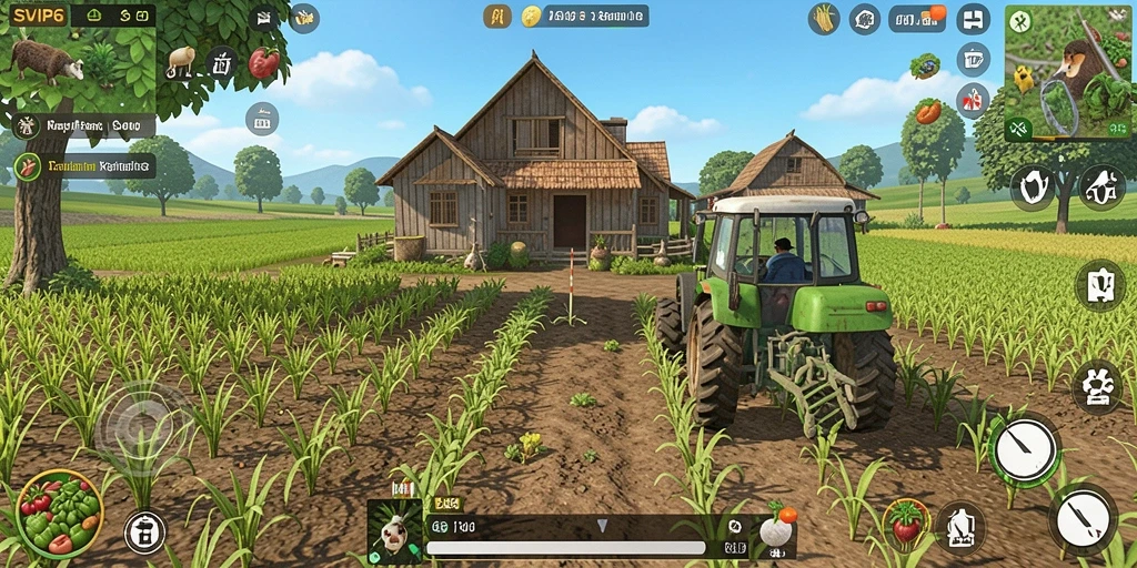 Tampilan menarik gameplay pertanian SVIP6 dengan tanaman subur.